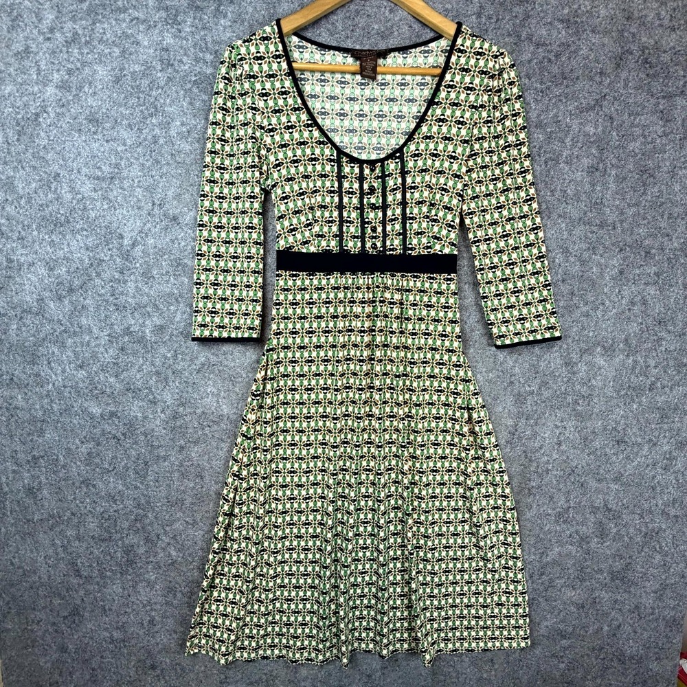 Chadwick's Collection Fit & Flare Dress Womens 6 Green Geometric Boho Scoop Neck